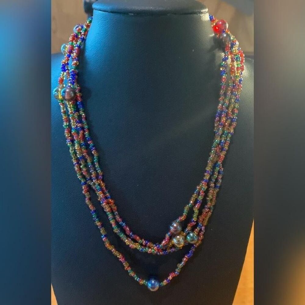 Multicolor Glass Beaded Necklace Strand Statement Boho Jewelry 56” Long